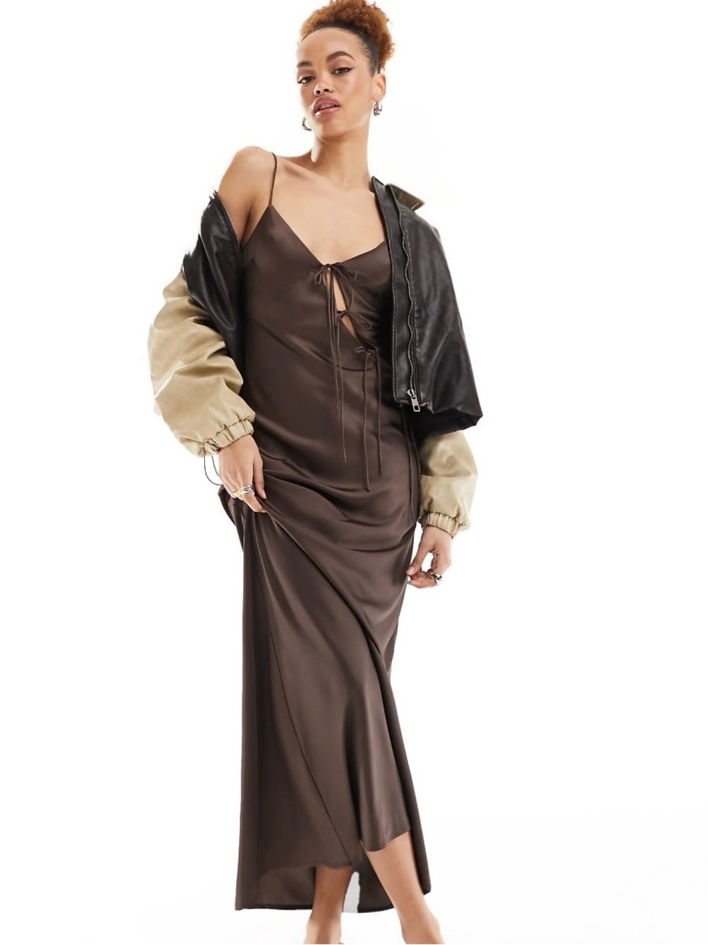 Lioness Satin Maxi Slip Dress in Chocolate Brown